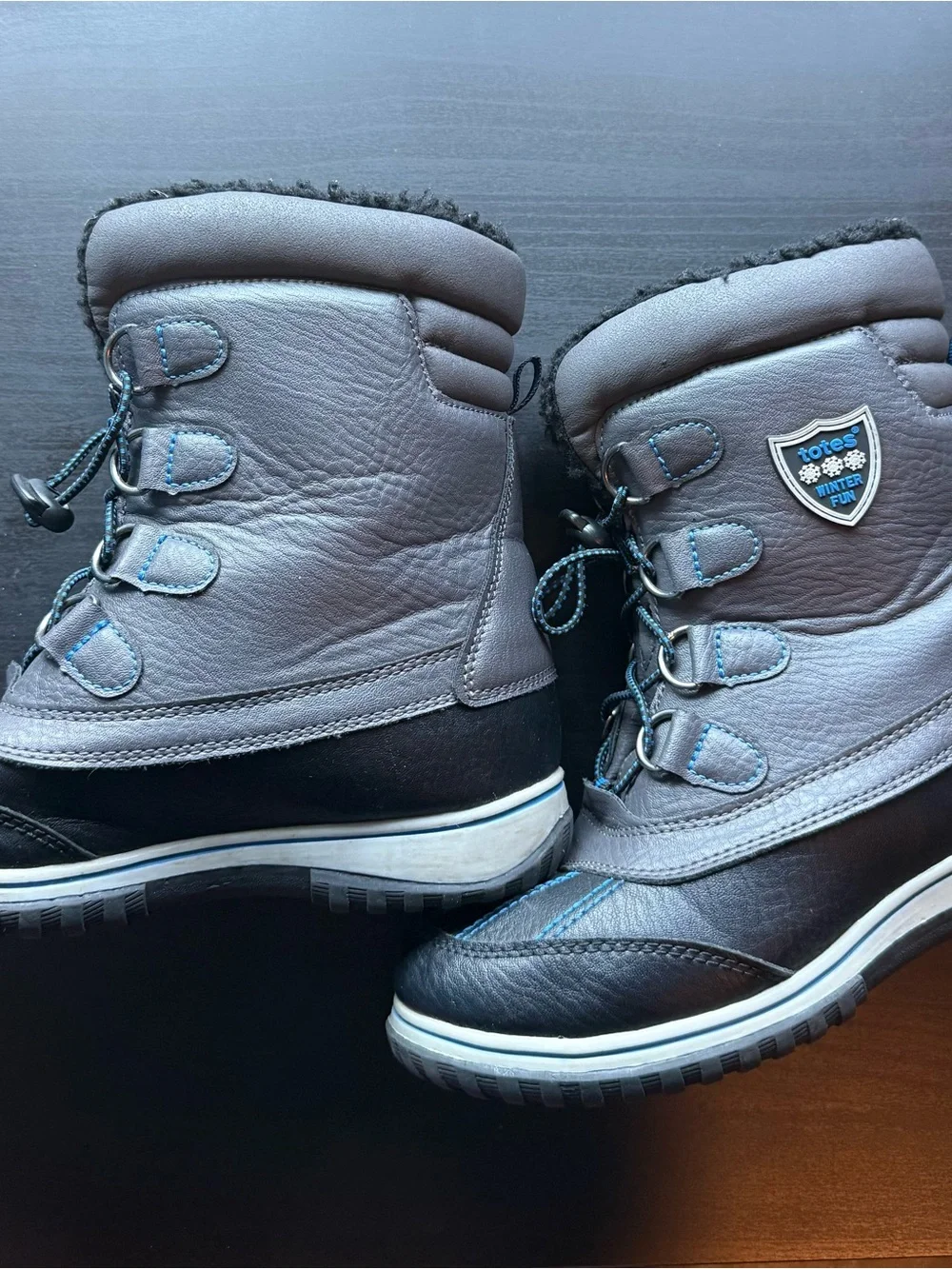 Kids Waterproof Winter Boots in Brown with Blue Accents
